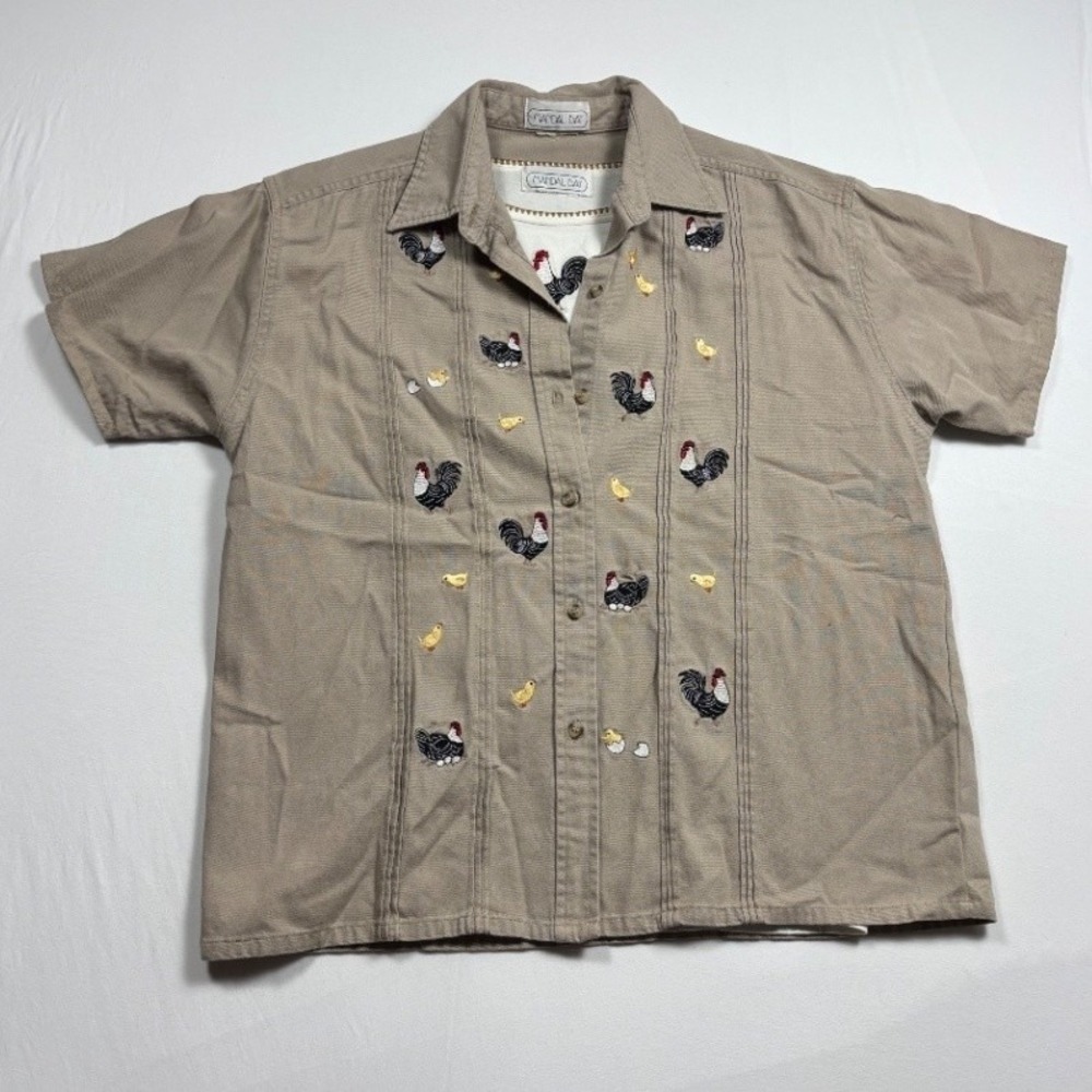 Vintage Mandal Bay Women's Embroidered Chicken Button Up Shirt Beige Lot of 2 XL